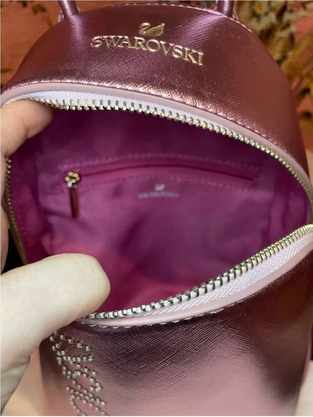 Swarovski Metallic Rose Pink Mini Backpack with Crystal Logo LIKE NEW